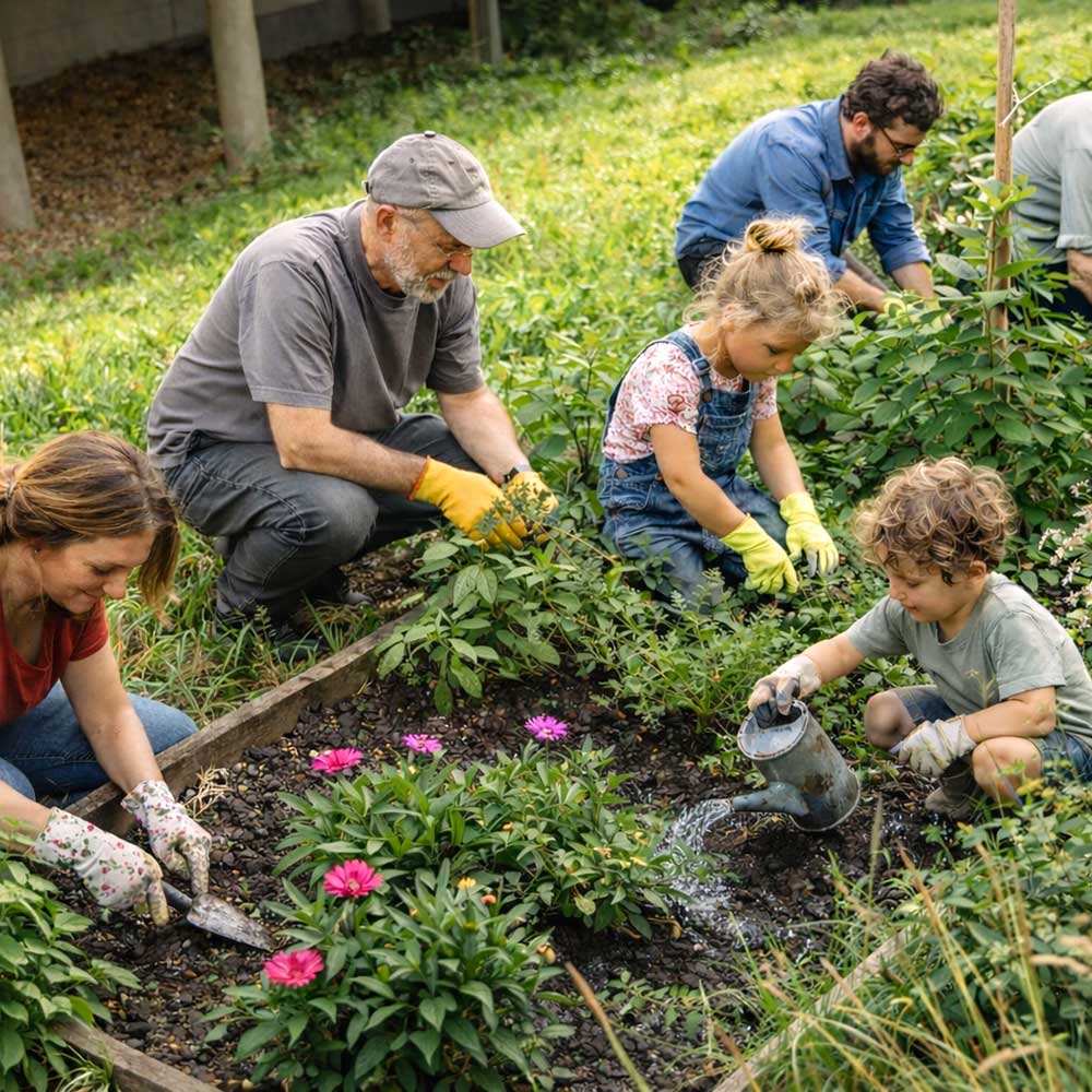 Gemeinschaftliches Gärtnern im Garten der Wohnanlage am Wacholderweg